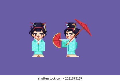 Cute geisha set. Pixel art asian girl. Vector illustration