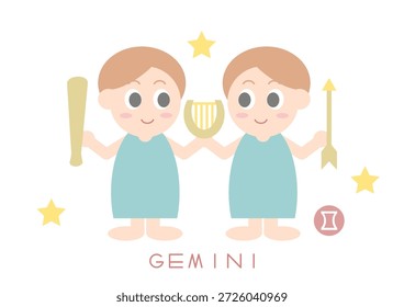 Linda Ilustración vectorial de Géminis. Gemelos sosteniendo un palo, lira y flechas. Diseño sencillo. El fondo blanco.
