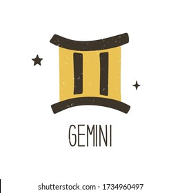 Cute gemini zodiac sign. Two-color caption astrology symbol on a transparent background. Vector shabby hand drawn illustration