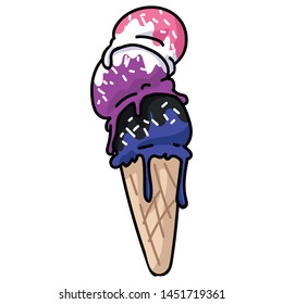 Cute gender fluid ice cream cone cartoon vector illustration motif set. LGBTQ gender sweet treat elements for pride blog. Trans graphic for summer web buttons.