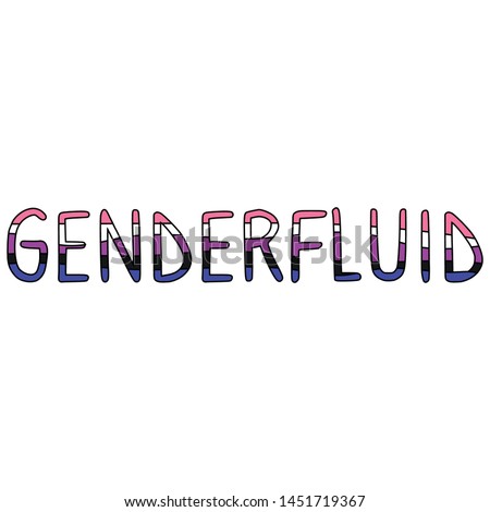 Cute gender fluid typography cartoon vector illustration motif set. Hand drawn isolated LGBTQ pride elements clipart for trans blog, text graphic, gender web buttons.