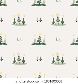 Cute gender neutral christmas tree seamless vector pattern. Conifer pine tree home decor cartoon holiday woodland. Evergree fir all over print.