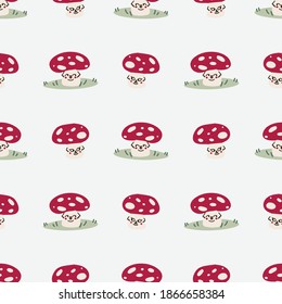 Cute gender neutral toadstool with kawaii face vector pattern. Fungi fly agaric home decor cartoon mushroom. Seamless boho poisonous mycology all over print. 