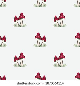 Cute gender neutral toadstool vector pattern. Fungi fly agaric home decor cartoon mushroom. Seamless boho poisonous mycology all over print. 