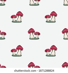 Cute gender neutral toadstool vector pattern. Fungi fly agaric home decor cartoon mushroom. Seamless boho poisonous mycology all over print. 