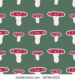 Cute gender neutral toadstool vector pattern. Fungi fly agaric home decor cartoon mushroom. Seamless boho poisonous mycology all over print. 