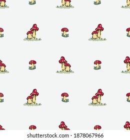 Cute gender neutral toadstool vector pattern. Fungi fly agaric home decor cartoon mushroom. Seamless boho poisonous mycology all over print. 