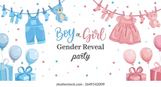 Cute gender reveal banner with baby hanging clothes in pink and blue colors for boy or girl celebration