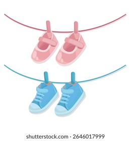 Cute gender reveal card with baby girl or boy footwear in pink and blue colors Perfect for announcement, invitation, or baby shower