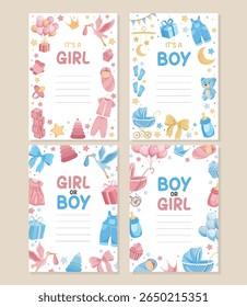 Cute gender reveal greeting cards set with baby elements It's a girl or boy Pink and blue flat illustrations for celebration