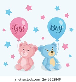 Cute gender reveal illustration with blue and pink bear toy holding balloons Perfect for boy or girl baby shower card design