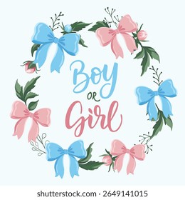 Cute gender reveal illustration with blue and pink bows and baby elements Boy or girl party decoration in flat style