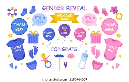 Cute gender reveal party elements vector illustrations set. Pink and blue baby shower elements for photo, card or invitation, rattles for boys and girls on white background. Family, childbirth