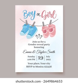 Cute gender reveal party invitation template with baby pink or blue footwear and decorative elements for boy or girl celebration