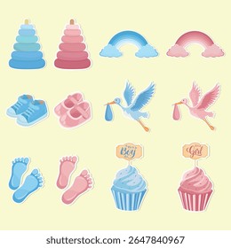 Cute gender reveal stickers with pink and blue baby elements for boy or girl party decorations invitation cards and baby shower gifts
