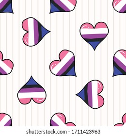 Cute genderfluid heart cartoon seamless vector pattern. Hand drawn isolated pride flag for LGBTQ blog. Transgender stripe background all over print. Gender community tolerance tile.