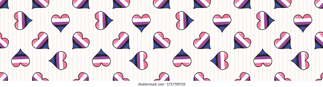 Cute genderfluid heart cartoon seamless vector border. Hand drawn isolated pride flag for LGBTQ blog. Transgender stripe background all over print. Gender community tolerance tile.