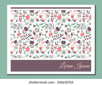 Cute gentle card with floral pattern. Doodle flowers and leaves. Vector blooming floral texture for card, invitation, wedding, baby shower, bridal or hen-party. Vector with pink, purple and blue color