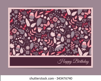 Cute gentle card with floral pattern. Doodle flowers and leaves. Vector blooming floral texture for card, invitation, wedding, baby shower, birthday, bridal or hen-party. Vector with pink, purple