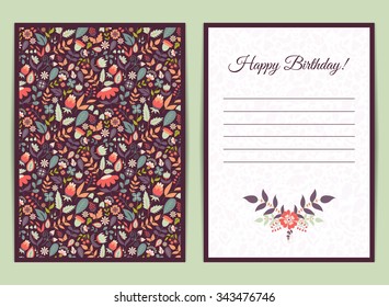 Cute gentle card with floral pattern. Doodle flowers and leaves. Vector blooming floral texture for card, invitation, wedding, baby shower, birthday, bridal or hen-party. Vector with pink, purple
