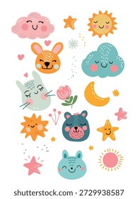 Lindo Elementos suaves para niños Conjunto de osos Conejitos Gatos Soles Nubes Estrellas