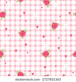 Lindo, suave, femenino patrón sin fisuras con rosas y corazones sobre un fondo a cuadros. Diseño romántico para tela, Fondo de pantalla, papel. Ilustración vectorial.