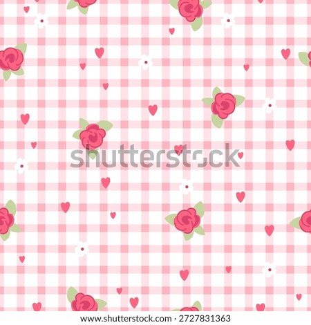Cute, gentle, girly seamless pattern with roses and hearts on a checkered background. Romantic design for fabric, wallpaper, paper. Vector illustration.