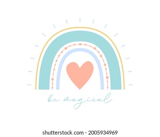 Ilustración vectorial suave de arcoiris con amor al texto. El arcoiris plano para la romántica tarjeta de saludo del día de San Valentín, la impresión de la habitación infantil. Icono dibujado a mano. El elemento meteorológico natural. Aislado sobre blanco