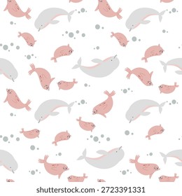 Cute and gentle seamless pattern with beluga and seals. Vector hand-drawn illustration for fabric and textiles.