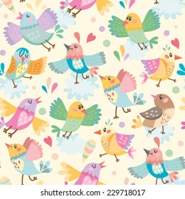 Cute and gentle seamless pattern of birds and clouds in lovely color in vector. Sweet illustration, can be used for creating card, invitation card for wedding,wallpaper and textile.