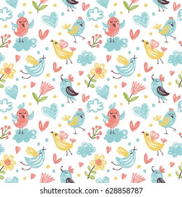 Cute and gentle seamless pattern of birds and clouds in lovely color in vector. Sweet illustration, can be used for creating card, invitation card for wedding,wallpaper and textile.