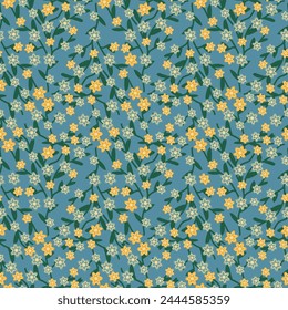 cute gentle seamless pattern with blue and yellow flowers on a blue background vector illustration