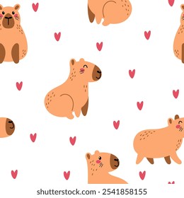 Lindo patrón suave sin fisuras con capibaras y corazones sobre un fondo blanco en estilo de dibujos animados. Textil, papel de embalaje, diseño de Fondo de pantalla. Fondo de los niños del Vector.