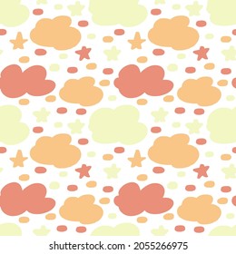 Geräumiges, sanftes, nahtloses Muster von Wolken und Sternen auf weißem Hintergrund in Pastellfarben. Trendy Vektordesign für trendige Stoffe, Kinderbekleidung, Heimgestaltung, Flickenteppiche, T-Shirts, Postkarten.
