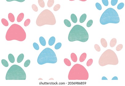 Cute gentle seamless pattern with crayon pencil textured pet paw in pastel colors. Vector background with dog or cat leg footprint track silhouette. Animal textile design, wallpaper