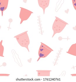 Patrón suave y suave de la taza menstrual. Protección menstrual para las mujeres, basura cero, higiene ecológica femenina. Ilustración vectorial plana dibujada a mano.