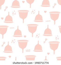Cute and gentle seamless pattern of menstrual cup. Menstrual protection for women, zero waste, eco feminine hygiene. Hand drawn flat vector illustration.