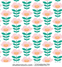 cute gentle soft pink flowers floral seamless repeat pattern paper vector green leaves botanical on white background