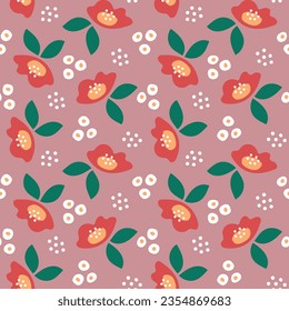 cute gentle soft red flowers floral seamless repeat pattern paper vector botanical on violet purple background