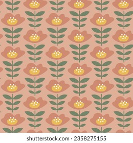 cute gentle soft red scandi nordic flowers floral seamless repeat pattern paper vector botanical on orange background