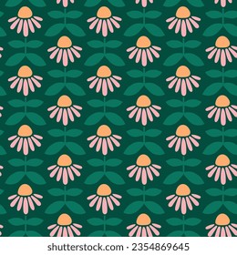 lindo y suave escándalo suave flores violeta púrpura floral sin costuras papel de repetición vectorial hojas verdes botánicas sobre fondo verde oscuro