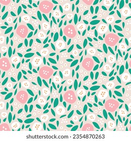 süße, sanfte, weiße, rosa Blumen, nahtloses, wiederholtes Musterpapier, botanisch auf beigem Hintergrund
