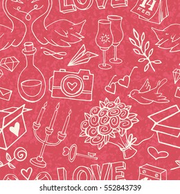 Cute and gentle Valentine's Day handsketched delicate seamless pattern with marble texture. Valentine doodle elements on textured background.Wrapping paper with love symbols