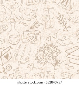 Cute and gentle Valentine's Day handsketched delicate seamless pattern with marble texture. Valentine doodle elements on textured background.Wrapping paper with love symbols