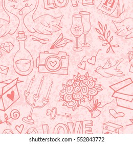 Cute and gentle Valentine's Day handsketched delicate seamless pattern with marble texture. Valentine doodle elements on textured background.Wrapping paper with love symbols