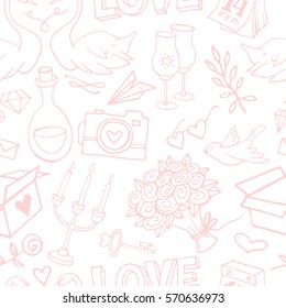 Cute and gentle Valentine's Day handsketched delicate seamless pattern. Valentine doodle elements on textured background. Wrapping paper with love symbols
