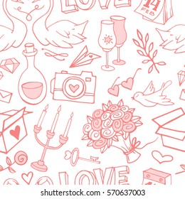 Cute and gentle Valentine's Day handsketched delicate seamless pattern. Valentine doodle elements on textured background. Wrapping paper with love symbols