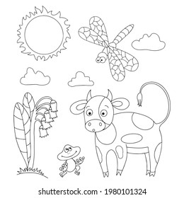 Cute gentle vector illustration of a cow and a frog, a page for children's coloring pages