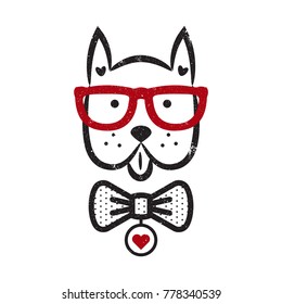 Cute gentleman dog hipster tshirt design vector. Puppy head textured with bow tie and glasses.