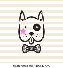 Cute gentleman dog tshirt design vector. Puppy head textured with bow tie on stripe background.